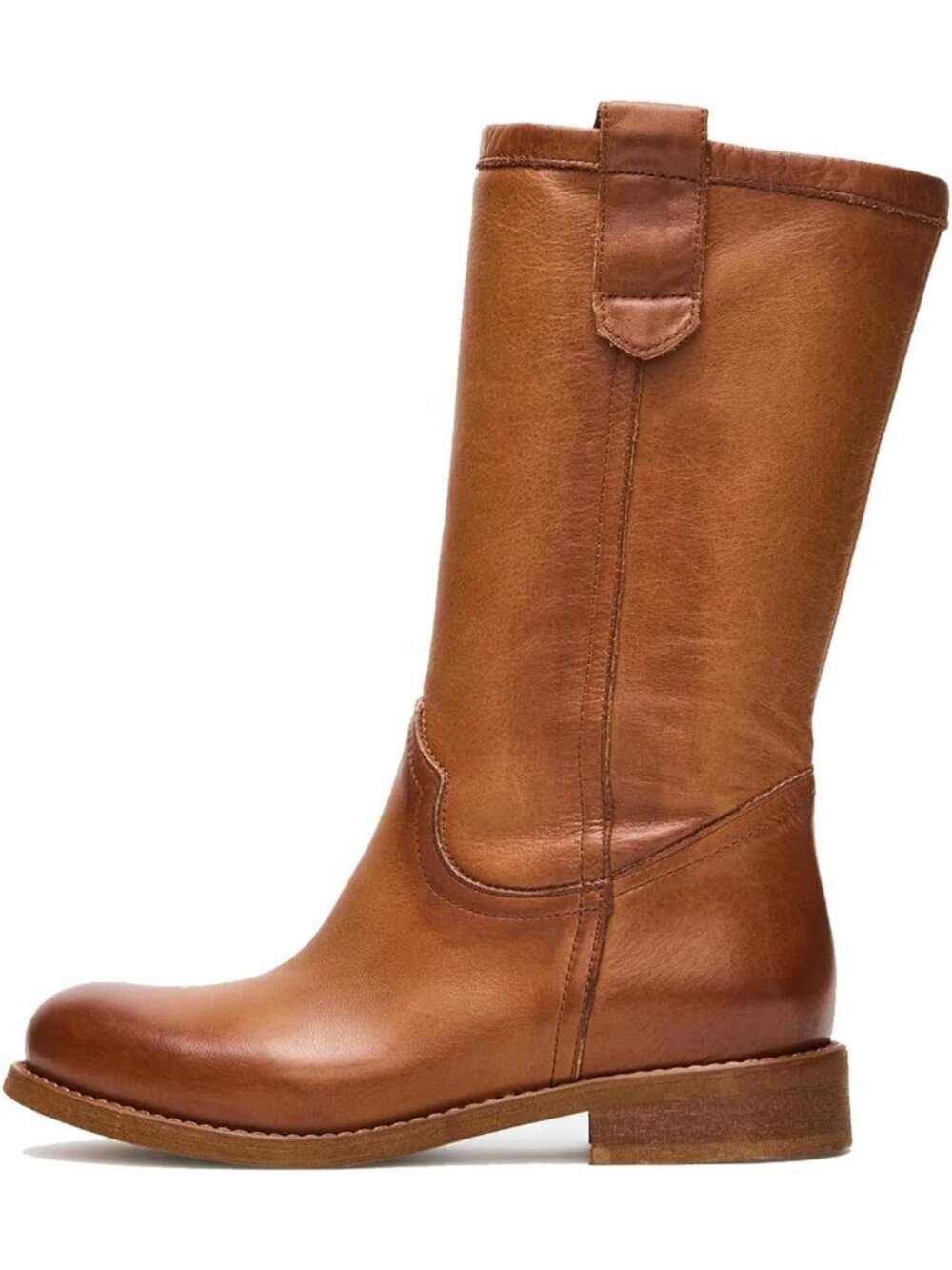 Women's Tan Mid Calf Chunky Block Heel Pull On Boots Round Toe Stylish Boots